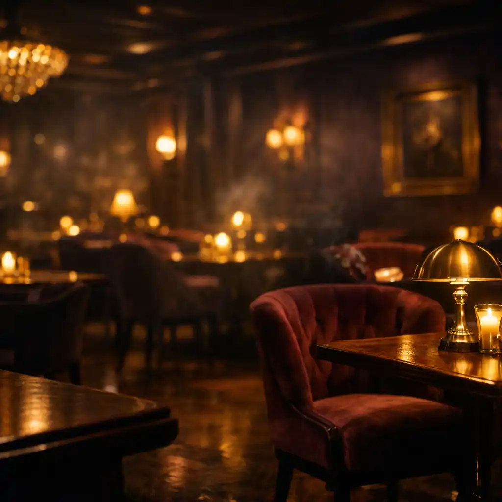 A lounge sötét fala és meleg lámpái